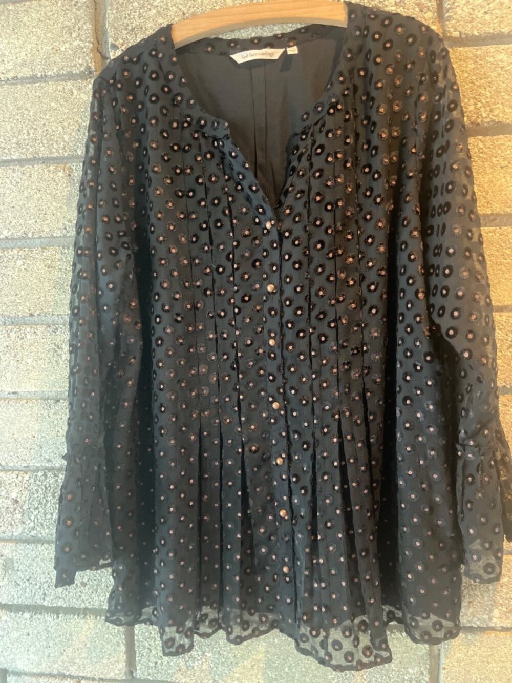 Soft Surroundings Black Sheer Polka Dot Textured Blouse With Pearl Buttons Size